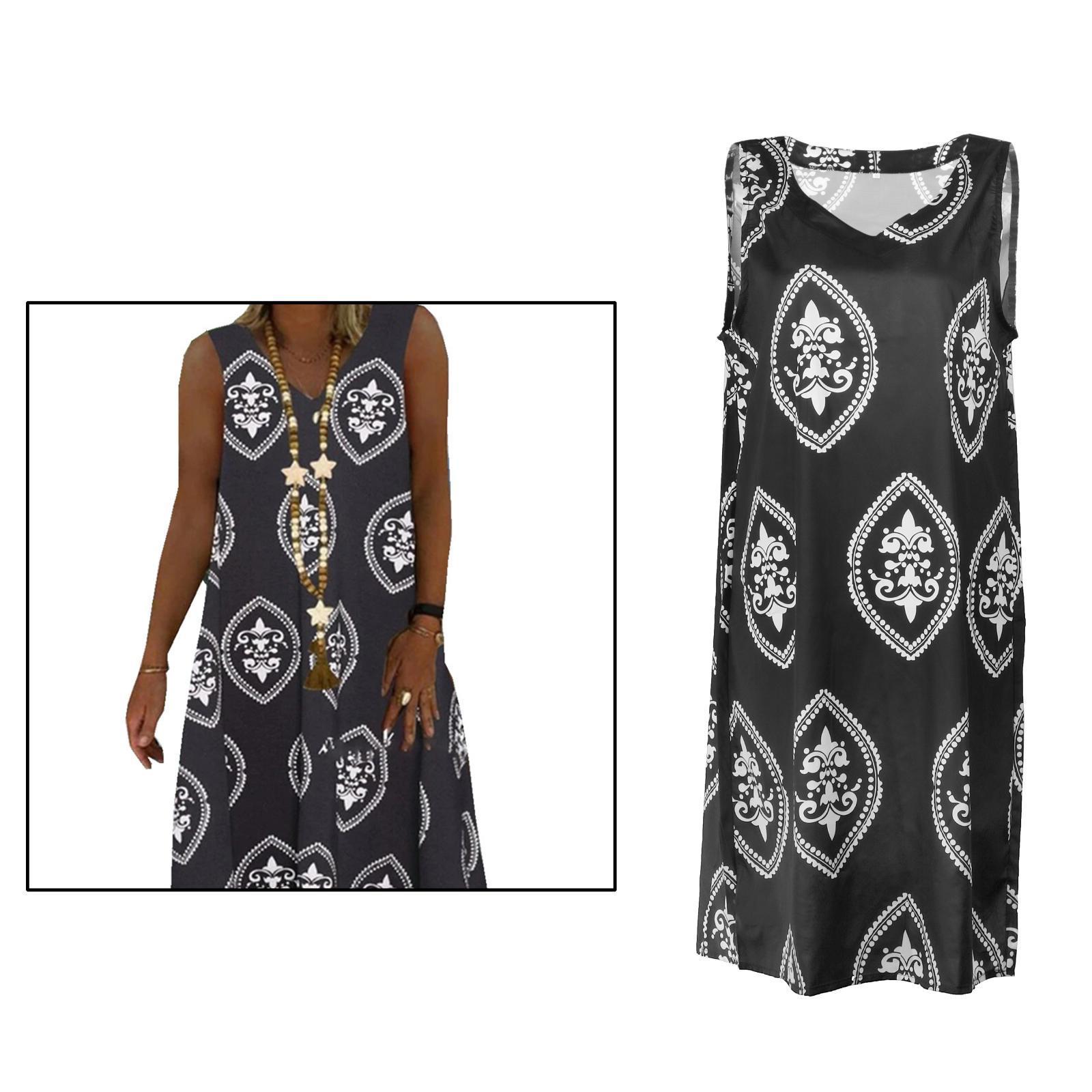 S-4XL Plus Size Vintage V-Neck Casual Summer Loose Sleeveless Mini Dress T-Shirt Dresses Swing Tank Dress Beach Wedding Vacation