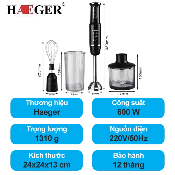 Máy Xay Cầm Tay Đa Năng HAEGER - Công Suất 600W - Hàng Chính Hãng