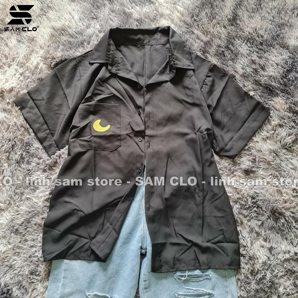 Áo sơ mi nữ SAM CLO cổ bẻ tay ngắn có túi - lỡ ulzzang form freesize dáng rộng unisex mặc cặp, nhóm, couple HÌNH THÊU
