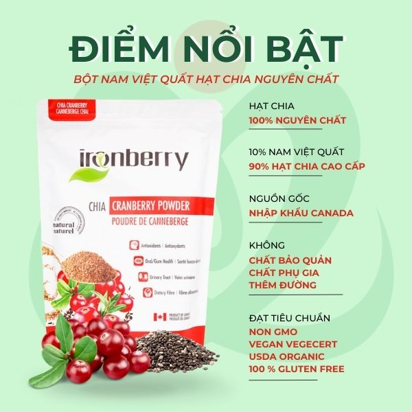 Bột nam việt quất &amp; hạt chia nguyên chất IRONBERRY thực phẩm dinh dưỡng Không GMO, Không Gluten, Thuần chay, Ăn kiêng K