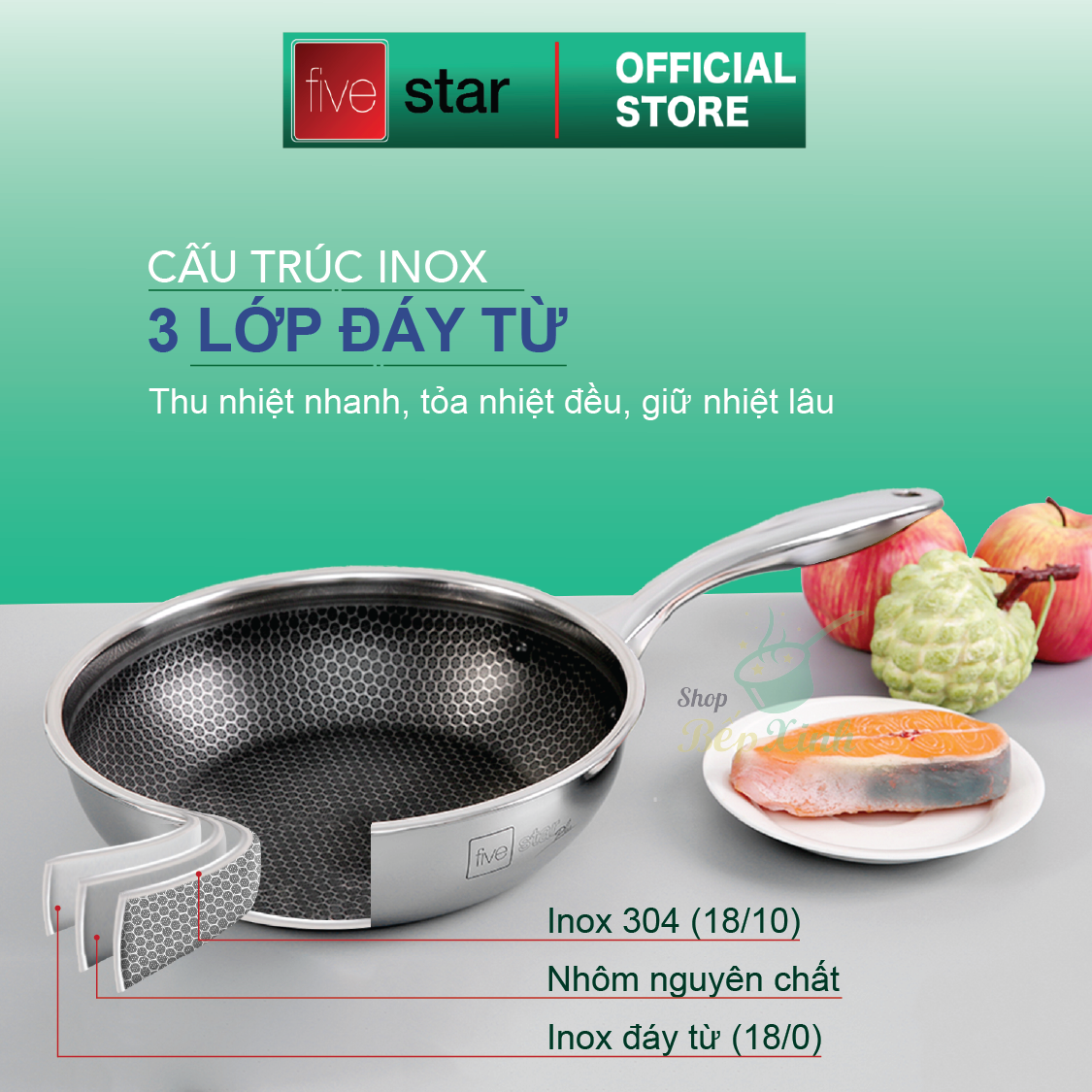 Bộ nồi chảo quánh inox FiveStar Plus 5 chiếc 3 lớp đáy liền inox 304 nắp kính, bảo hành 25 năm