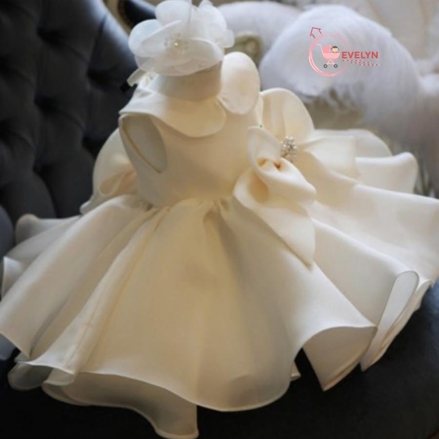 Đầm công chúa voan trắng đính nơ trước sau cho bé từ 1 - 12 tuổi
