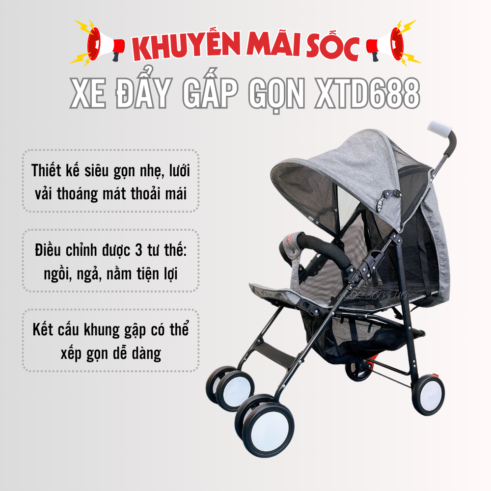 Xe đẩy cho bé cao cấp XD688 - Xe đẩy kéo du lịch gấp gọn siêu nhẹ, siêu thoáng, siêu bền lưới chống tia UV