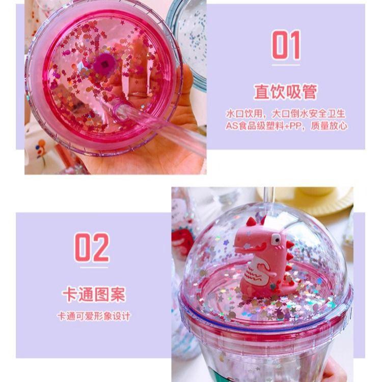 Ly Giữ Nhiệt Khủng Long 3D 380ml Kim Tuyến Nhiều Màu Sắc Dễ Thương Cute - Kèm Ống Hút