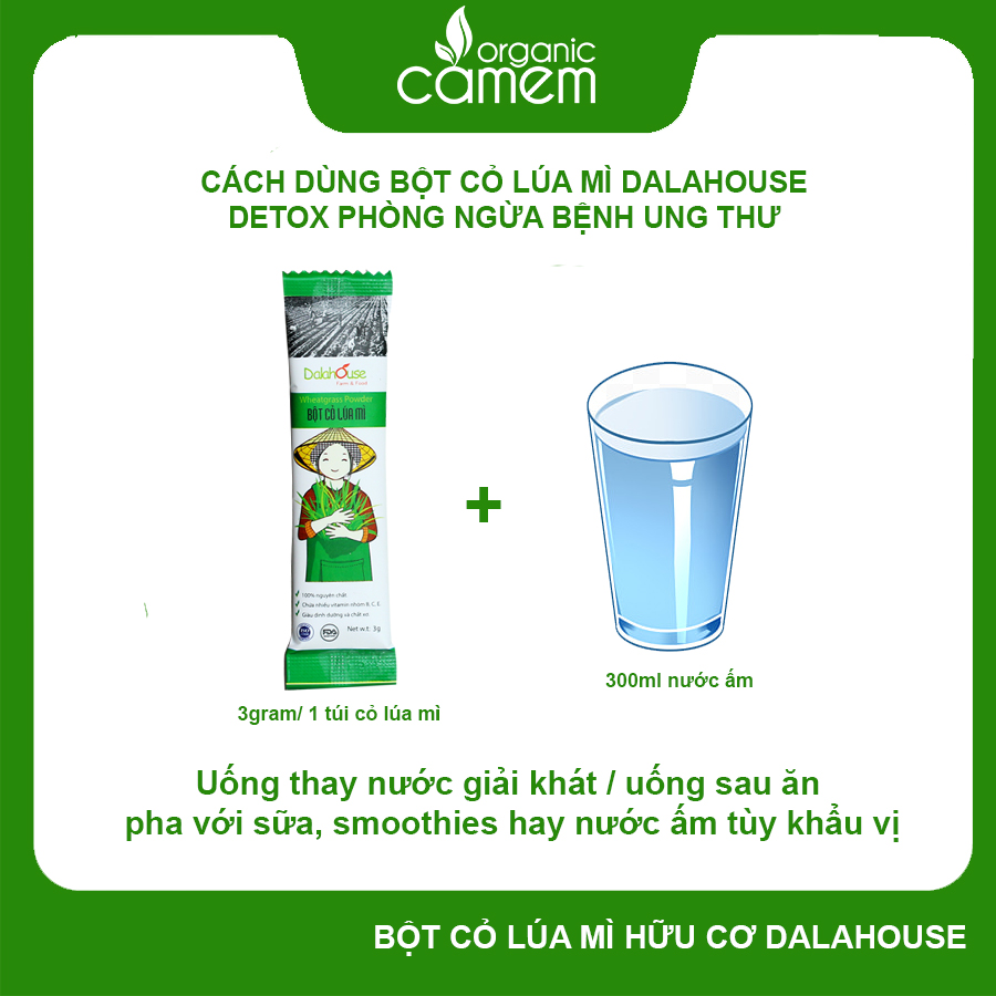 Bột cỏ lúa mì hữu cơ sấy lạnh Dalahouse - Hộp 20 gói 3gr tiện lợi - Hỗ trợ thải độc Gan và Máu, Ngăn ngừa và hỗ trợ tiểu đường, Hỗ trợ tiêu hóa, giảm táo bón