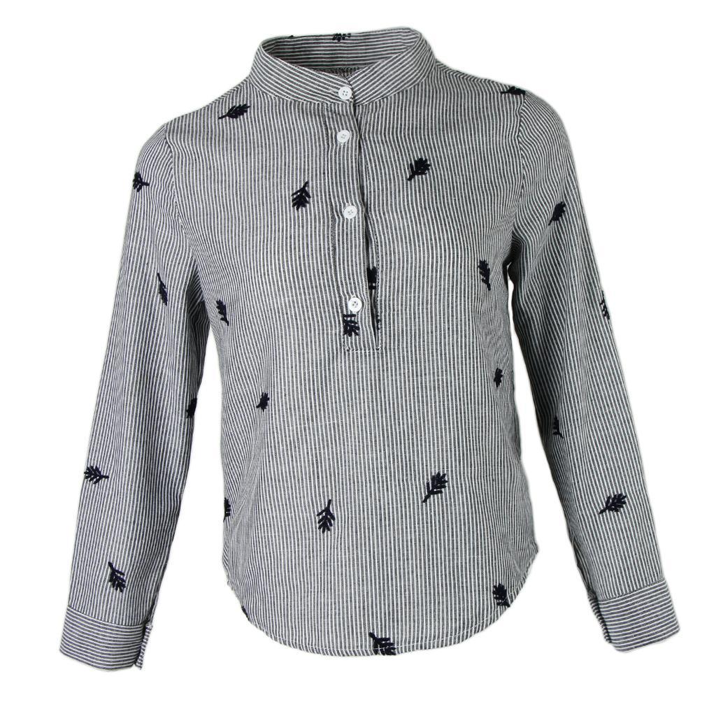 Women Stand Collar Long Sleeve Embroidery Striped Slim Blouse Base Shirt