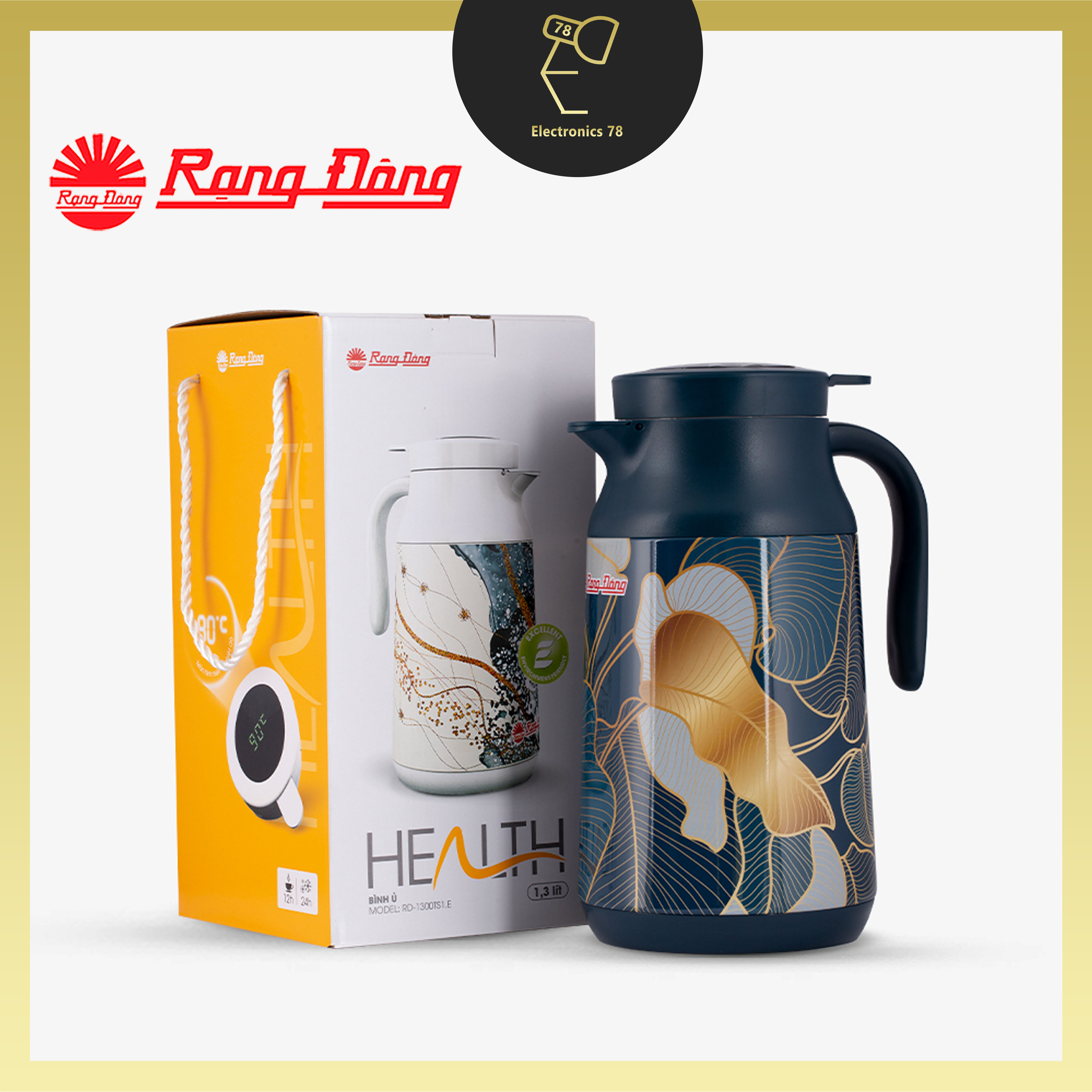 Phích trà giữ nhiệt, Hiển thị nhiệt độ 1.3 Lít Rạng Đông, Bình pha trà và thảo dược - 1300 TS1.E