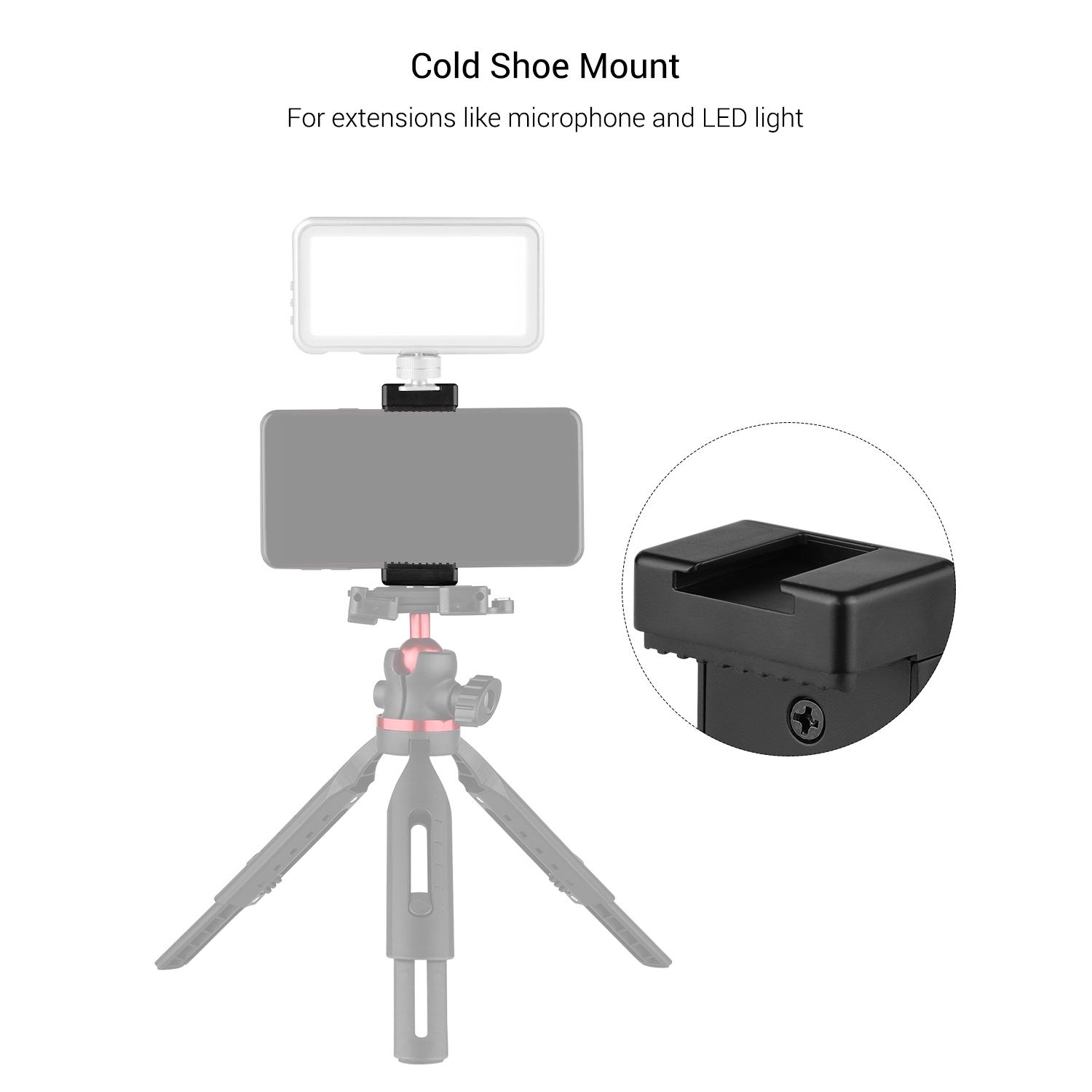 Phone Tripod Mount Adapter Phone Holder Clip with Dual 1/4 Threads Cold Shoe for Tripod Selfie Stick Microphone Mounting