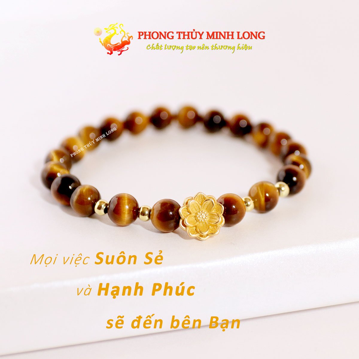 Vòng tay đá mắt hổ vàng nâu mix bông sen vàng