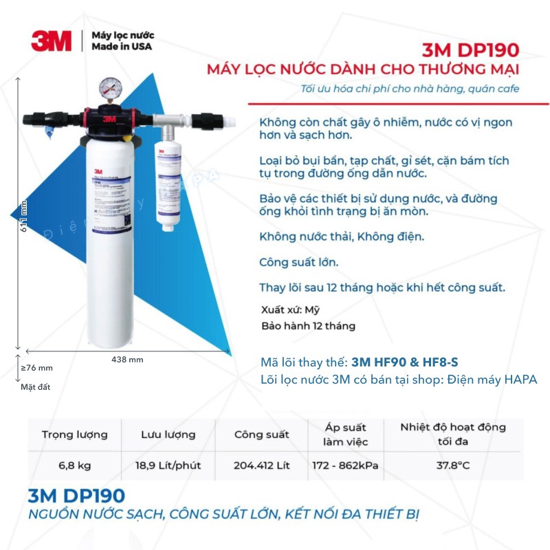 Máy Lọc Nước 3M DP190 Công Suất 204.412 Lít, Lưu Lượng 18.9 Lít/Phút, Công Nghệ NANO 3M Mỹ, Uống Trực Tiếp Và Đa Ứng Dụng, Kết Nối Thiết Bị Pha Chế, FnB, HoReCa, Nhà Hàng, Quán Cafe, 3MDP190 HF90 HF8S - Nhập Khẩu Mỹ, Hàng Chính Hãng 3M