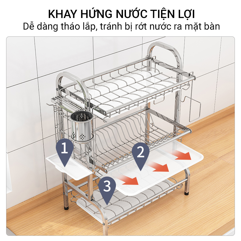 Kệ Để Chén Bát Đĩa INOX 304 kèm khay ráo nước cao cấp VANDO, giá úp bát khô ráo trên bàn bếp