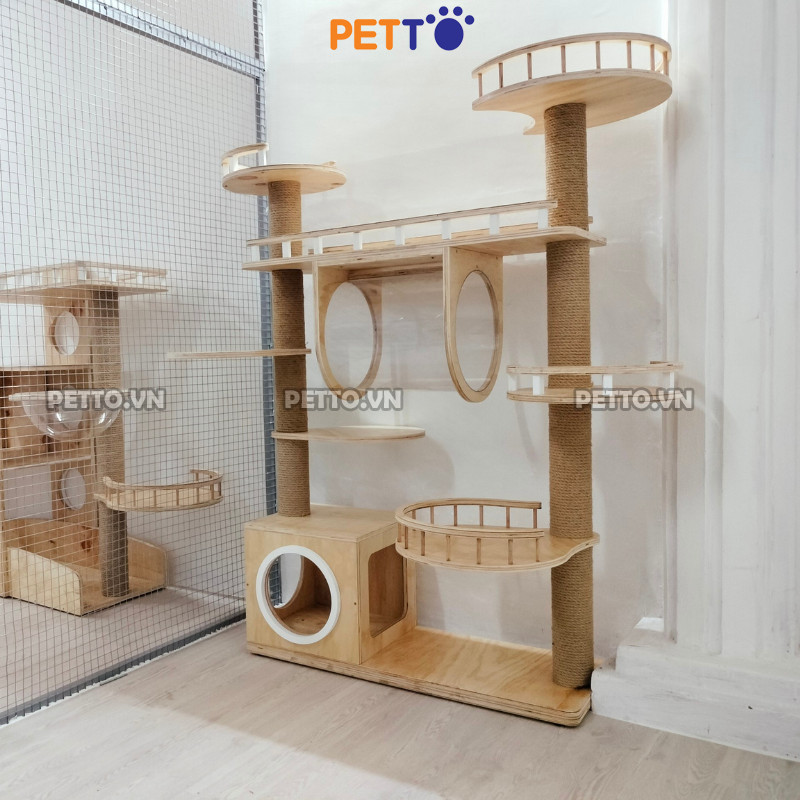 Cattree bằng GỖ cho mèo THÁP ĐÔI kết hợp LỒNG KÍNH cao 1m7 cho nhà nhiều mèo CH047