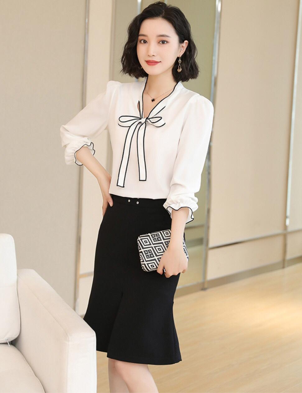 Aó công sở cột nơ viền tay dài