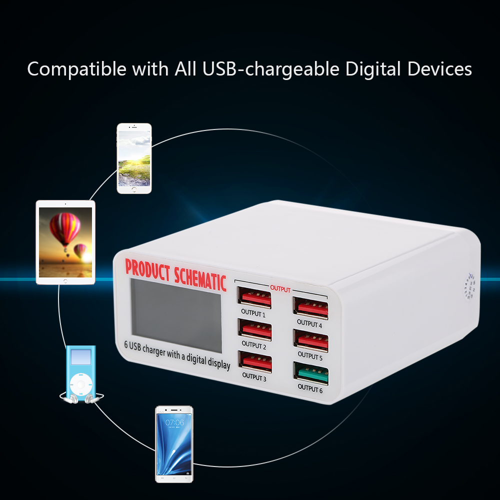 Bộ Chuyển Đổi Sạc Nhanh Để Bàn 3.0 6 Cổng 6a USB Hub Đế Cắm Sạc Treo Tường Với Màn Hình LCD