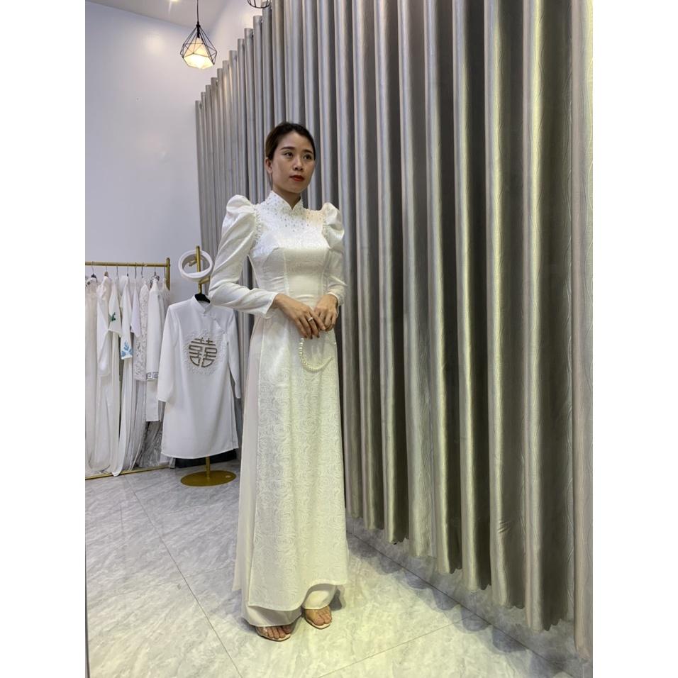 Áo dài trắng gấm saka cao cấp mới