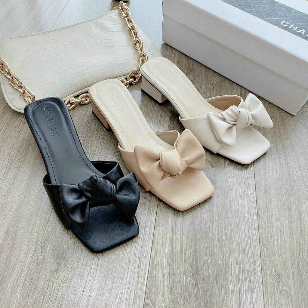 Dép lê nữ quai nơ buộc gót 2cm