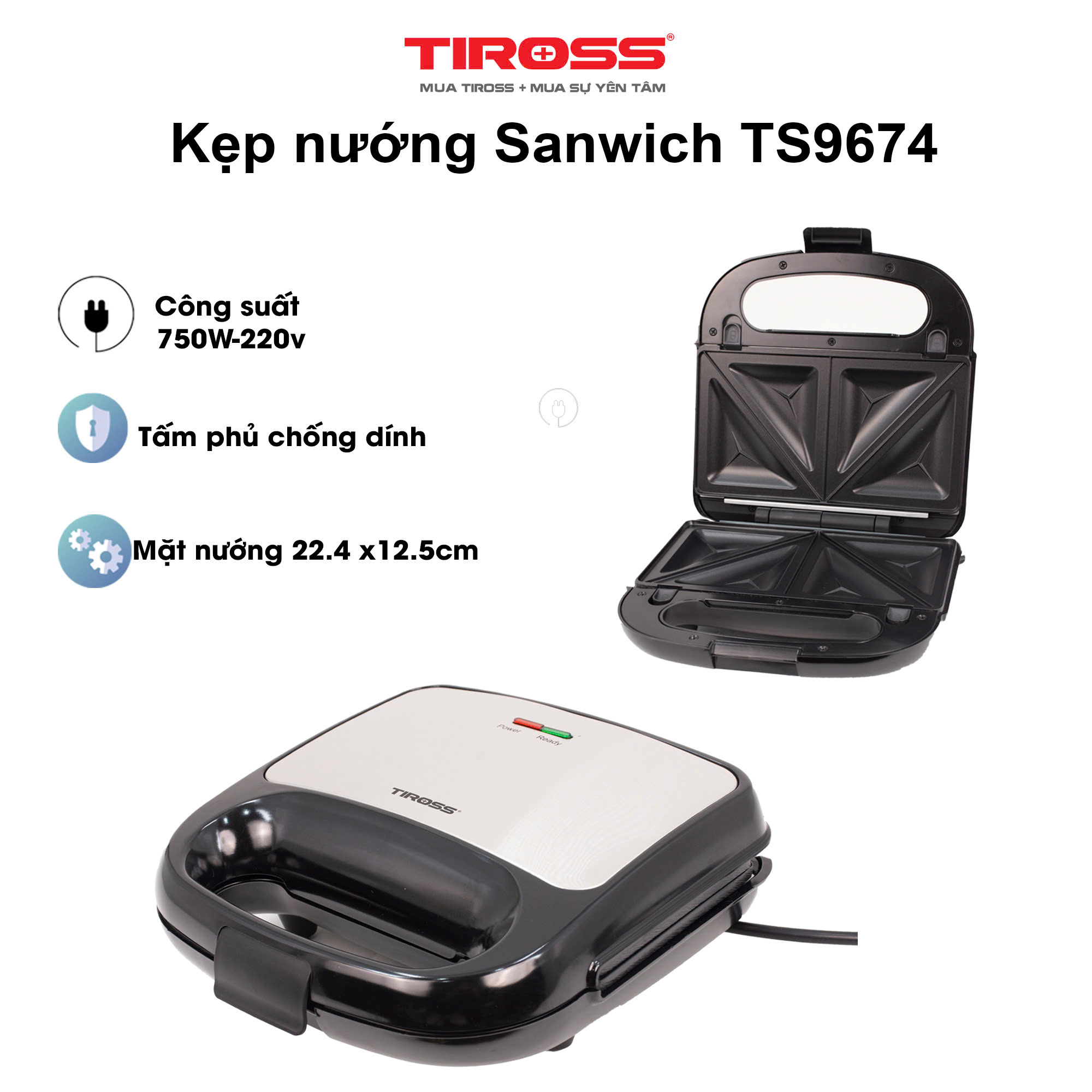 Kẹp nướng bánh sandwich TIROSS TS9674 - Hàng chính hãng