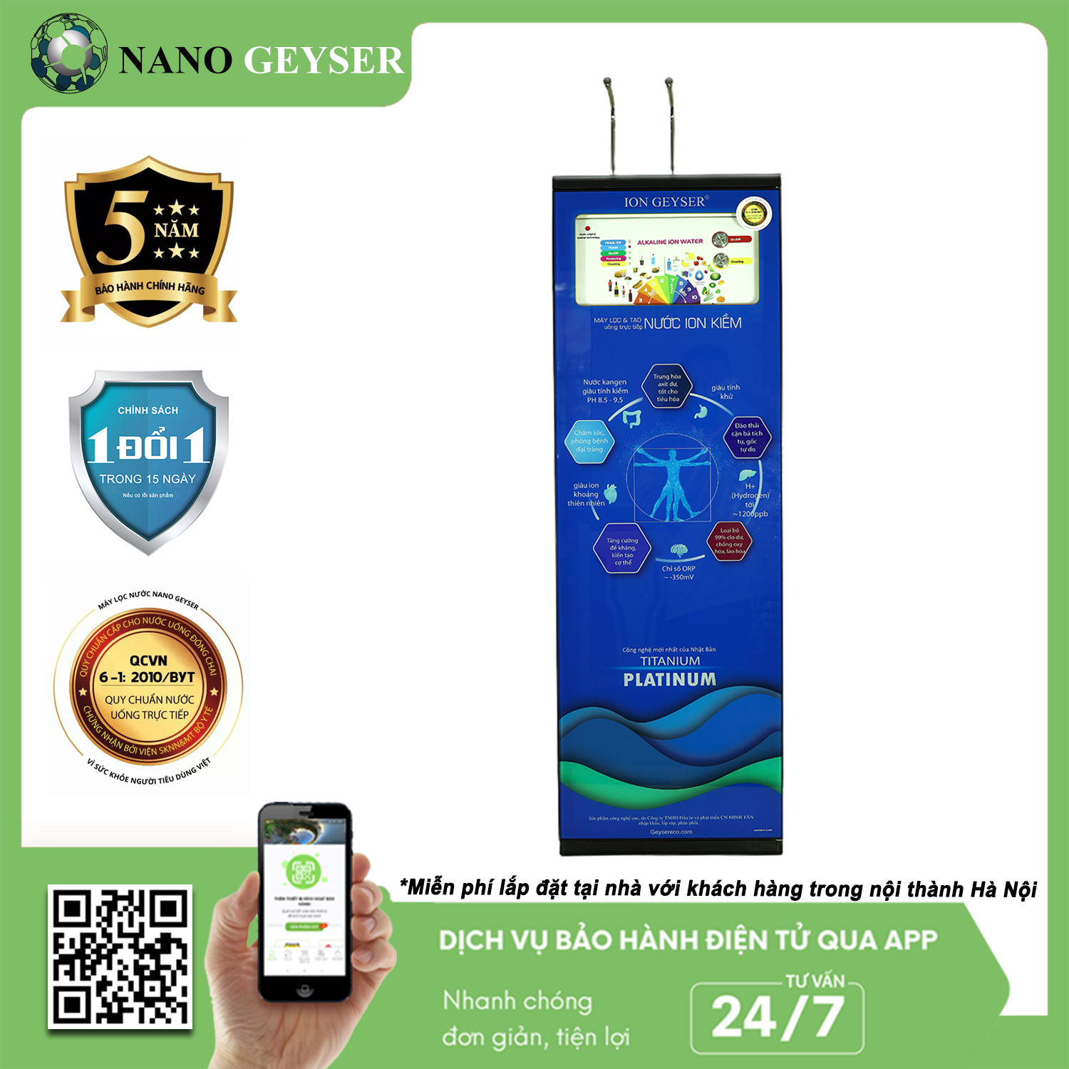 Cây nước ion Kiềm Nano Geyser I8, 2 chế độ nước tinh khiết và ion kiềm - Hàng Chính Hãng