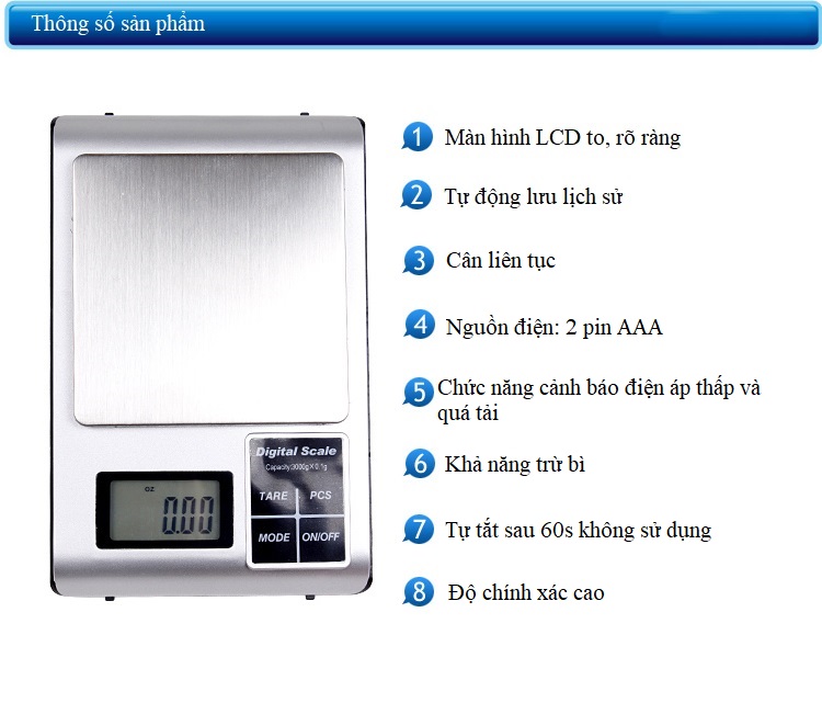 Cân điện tử nhà bếp sai số 0,1g ( Tặng kèm 03 móc dán tường tiện lợi màu ngẫu nhiên )