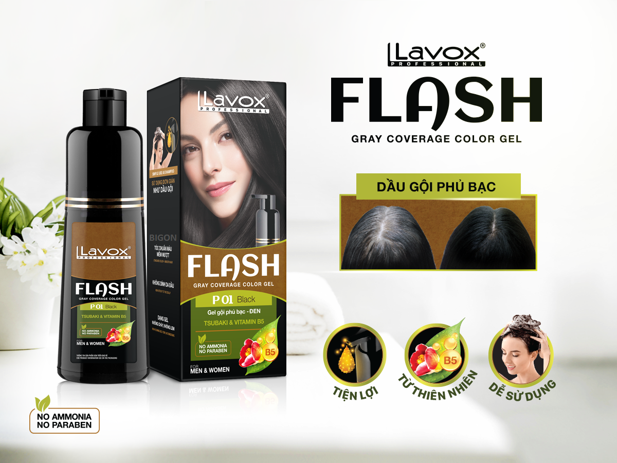 Dầu Gội Nhuộm Đen Tóc, Phủ Bạc Thảo Dược LAVOX FLASH 200ml - Đen Tự Nhiên - P01