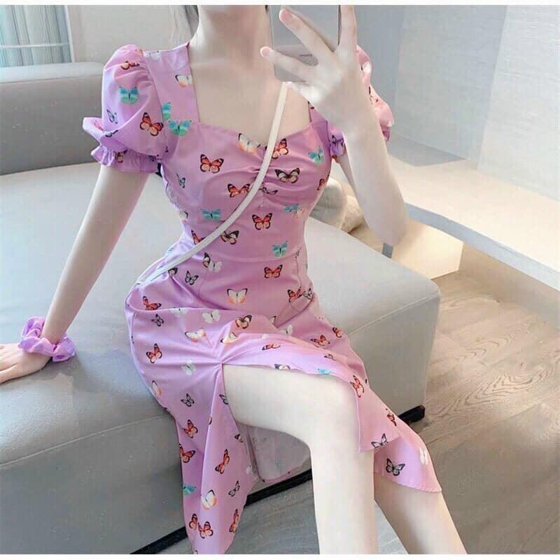 Đầm xẻ tà dáng suông nhún ngực tay phồng tiểu thư