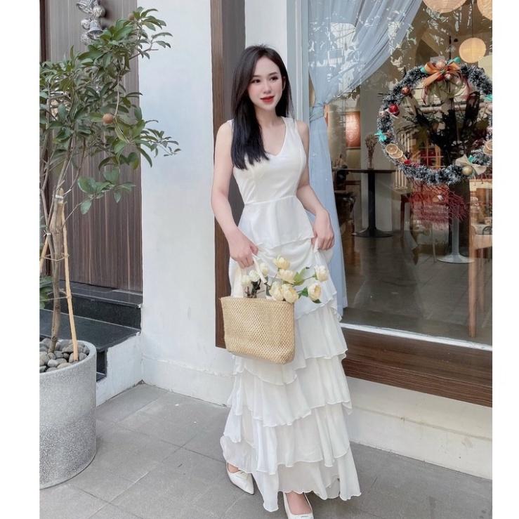 Đầm váy maxi voan tầng trắng nude kem hồng cổ V Ivy.fashion đi biển dự tiệc dạo phố bigsize gợi cảm sexy
