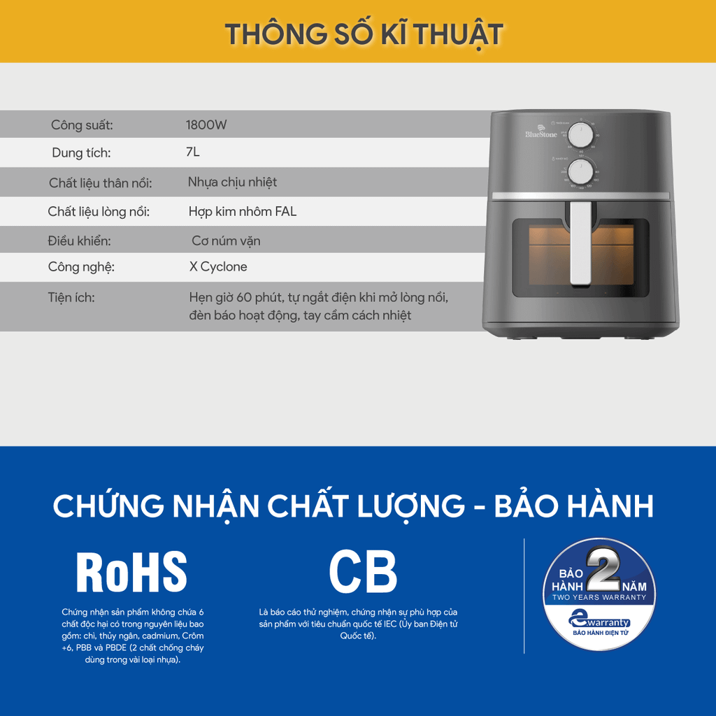 Nồi Chiên Không Dầu BlueStone AFB-5856 7 Lít 1800W - Hàng chính hãng