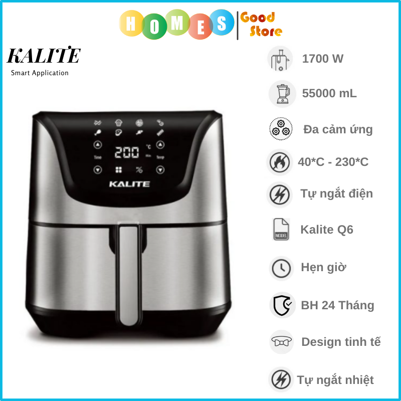 Nồi Chiên Không Dầu KALITE Q6 Tiêu Chuẩn Châu Âu Dung Tích 5.5 Lít Công Suất 1700 W - Hàng Chính Hãng