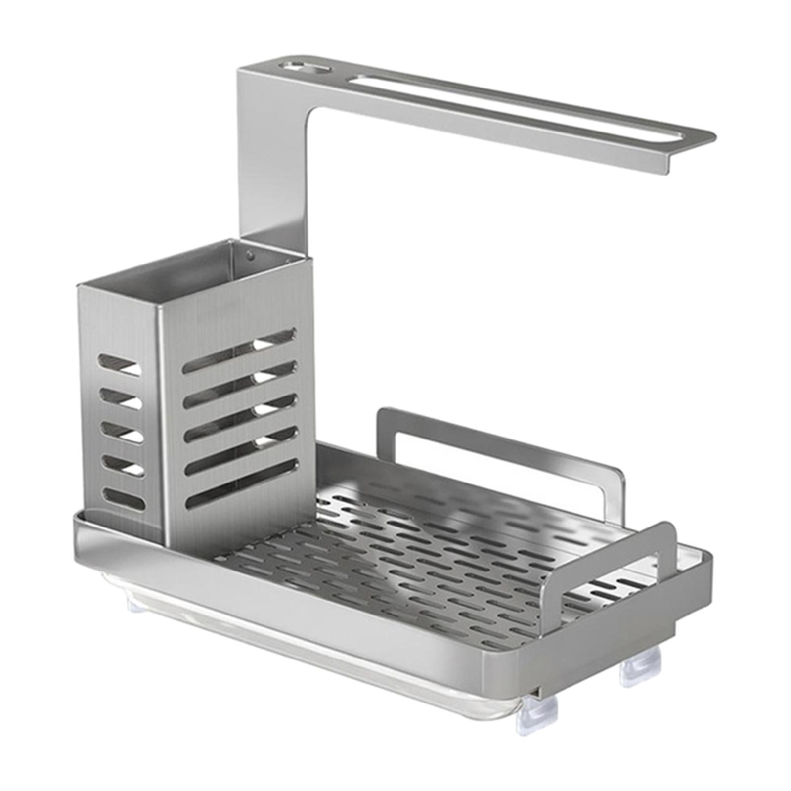 Kitchen Sink Caddy Organizer, Sponge Holder for Sink Soap Brush Dispenser Holder with Rag Rack with Drain Tray Countertop Wall Mount Stainless Steel