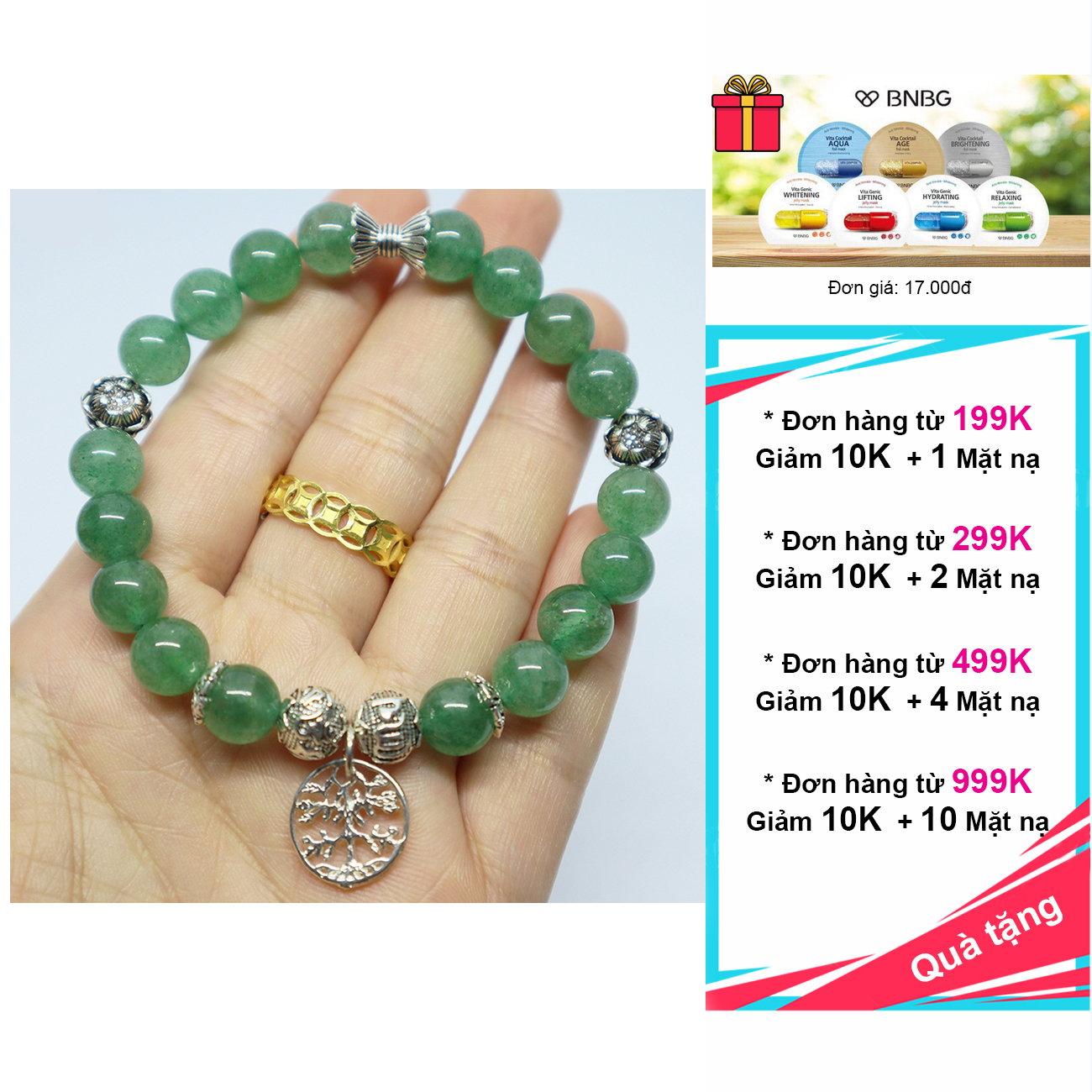 Vòng đá thạch anh dâu tây xanh 3A charm bạc 925 cao cấp