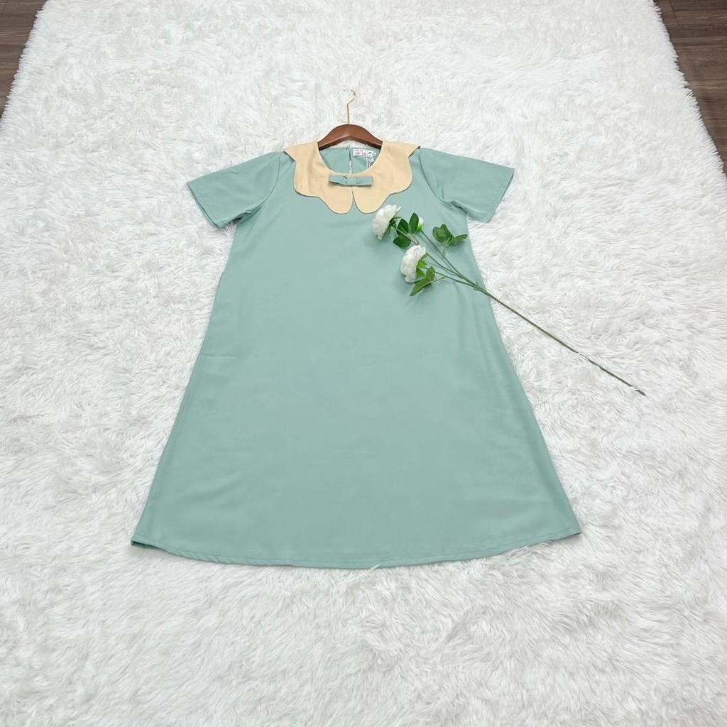 Đầm bầu công sở cổ sen phối nơ chất cotton lạnh phom suông gọn dáng thanh lịch - Xanh đậu
