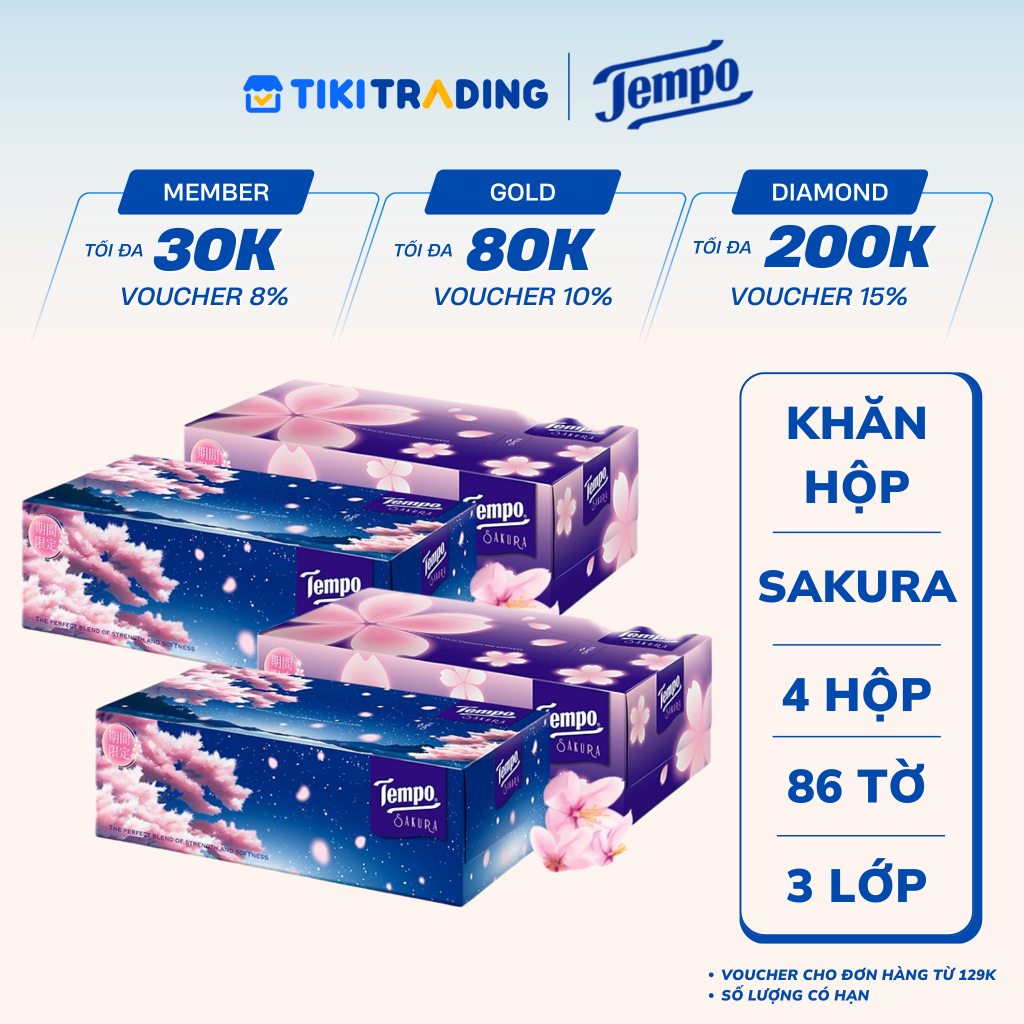 Lốc 4 Khăn Giấy Hộp Tempo 86 Tờ - Hoa Anh Đào