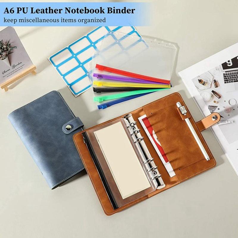 2 Pcs 6-Ring Notebook Binder PU Leather Loose Leaf Notebook Binder Cover with 12Pcs Plastic A6 Binder Envelopes Pouches