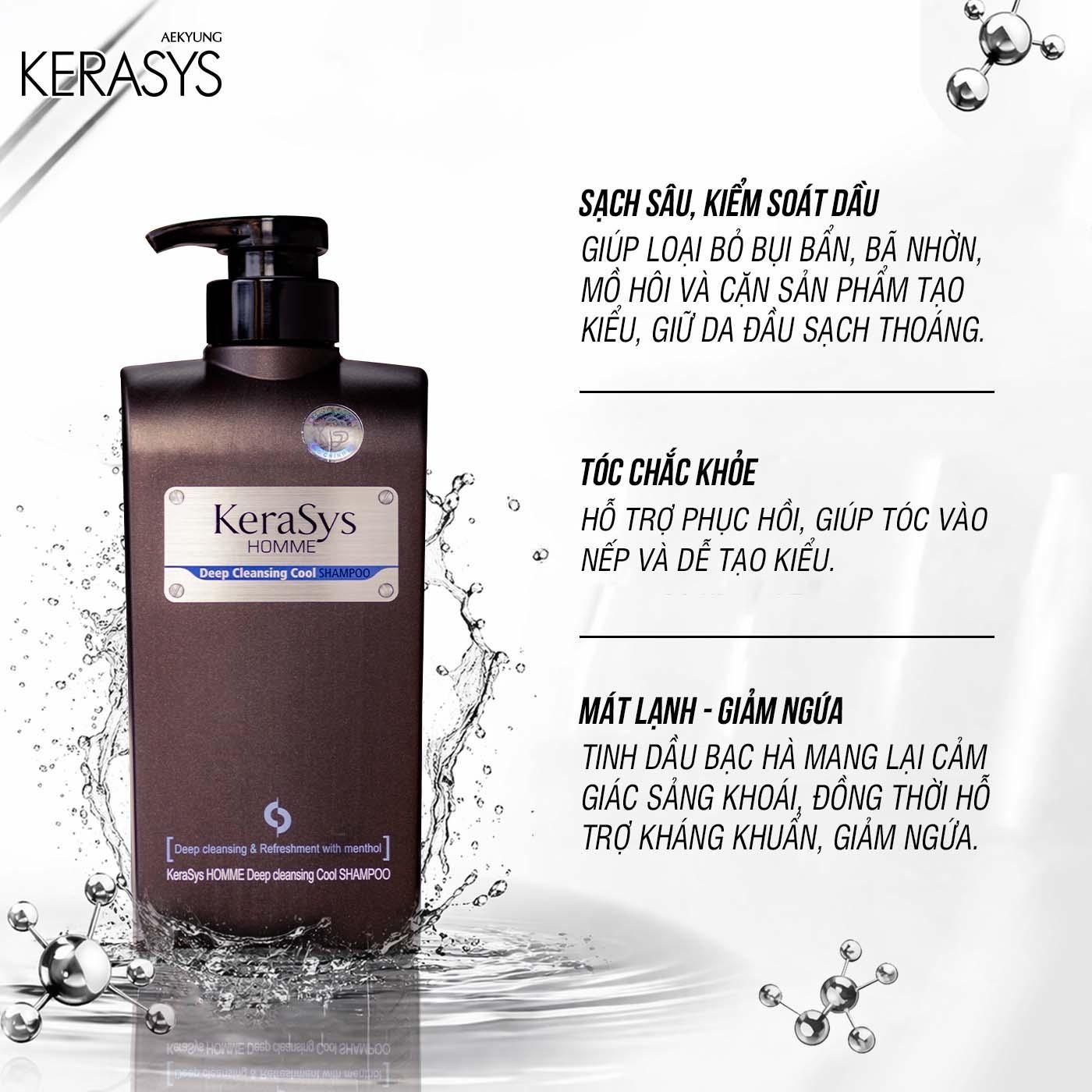 Dầu gội nam cao cấp Hàn Quốc Kerasys homme deep cleansing cool - Nam (bạc hà) (Tinh chất bạc hà mát lạnh, tạo nếp tóc) 550ml