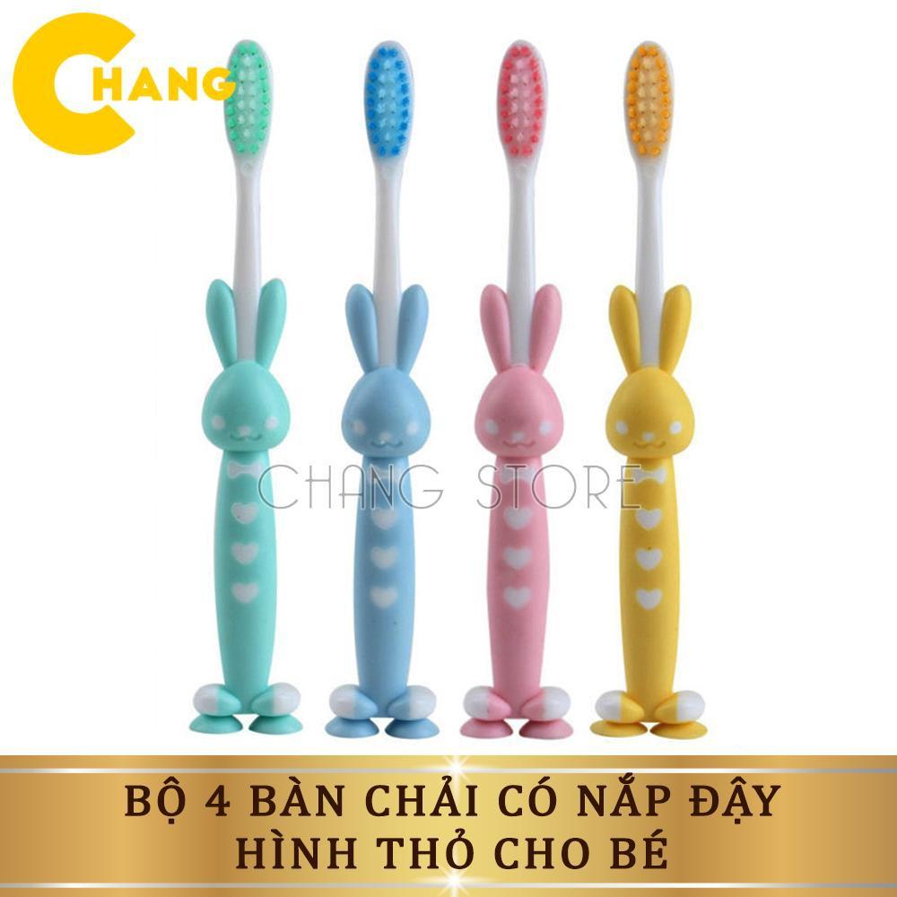 Set 4 Bàn Chải Lông Mềm Bảo Vệ Nướu Hình Thỏ Có Nắp Đậy Cho Bé