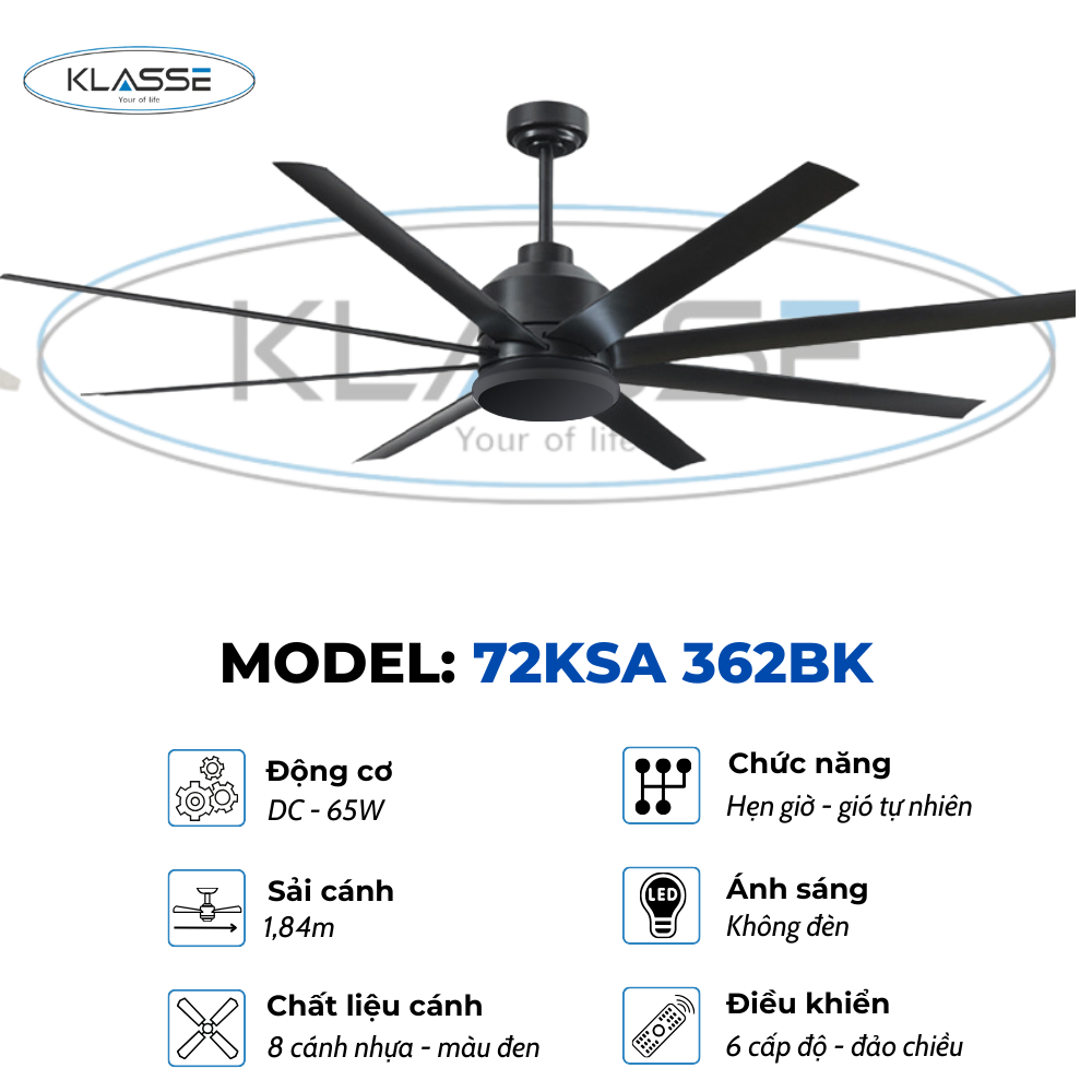 Quạt Trần không đèn Klasse 72KSA 362BK Hàng chính Hãng