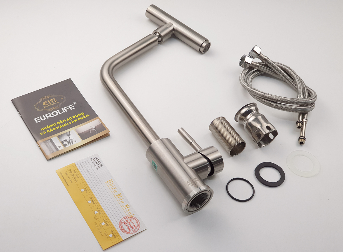 Vòi rửa chén nóng lạnh Inox SUS 304 nguyên khối đầu vòi xoay 360 độ Eurolife EL-T031