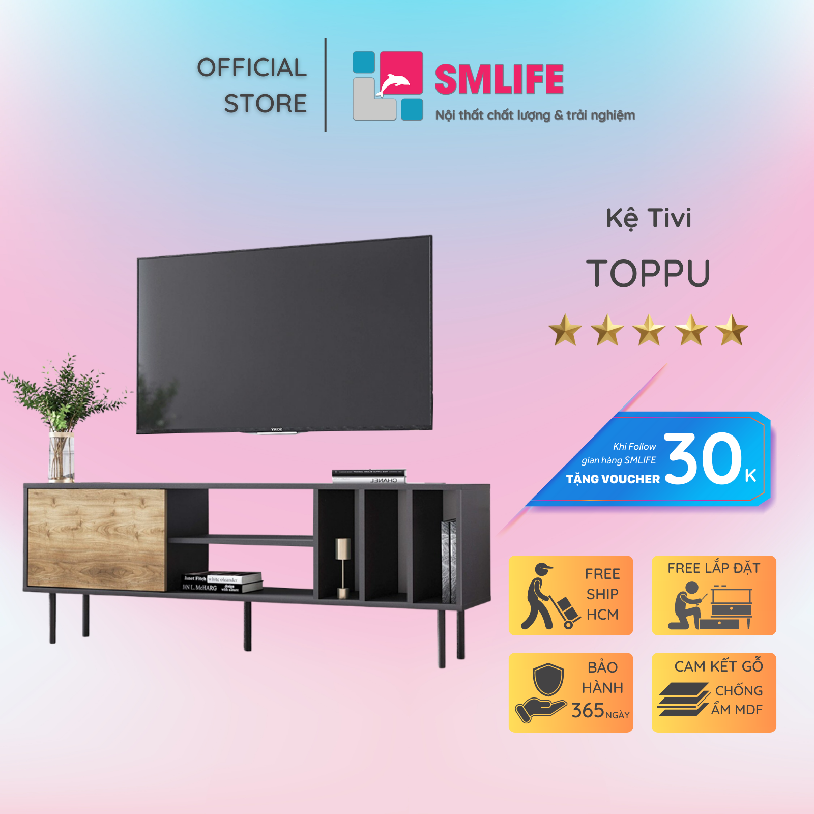 Kệ tivi gỗ hiện đại SMLIFE Toppu | Gỗ MDF dày 17mm chống ẩm | D160xR35xC52cm