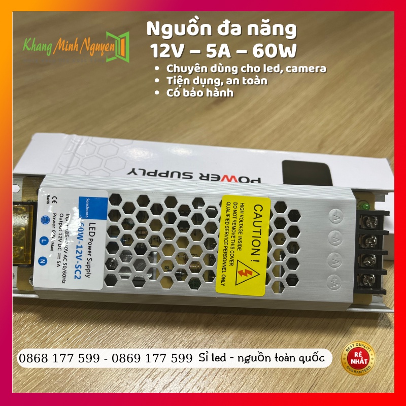 Bộ nguồn tổ ong 12V 5A 60W loại mỏng, dạng đũa dài dùng cho đèn và camera