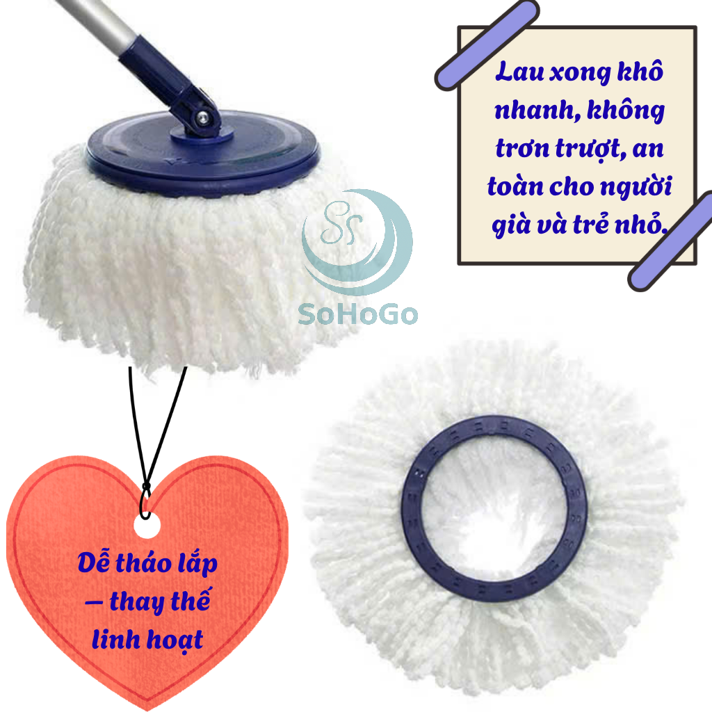 Bông Lau Nhà Đa Năng Microfiber Thấm Hút Cực Tốt -Đầu  Bông Lau Nhà Xoay 360 Độ Thay Thế – Sợi Bông Mịn Siêu Bền -Bông Lau Nhà Thay Thế Loại Tốt – Lắp Được Cho Nhiều Loại Cây Lau