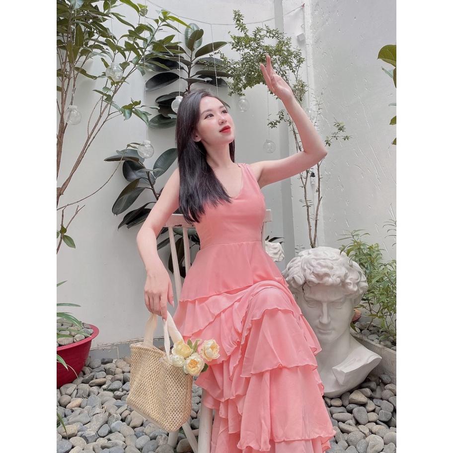 Đầm váy maxi voan tầng trắng nude kem hồng cổ V Ivy.fashion đi biển dự tiệc dạo phố bigsize gợi cảm sexy