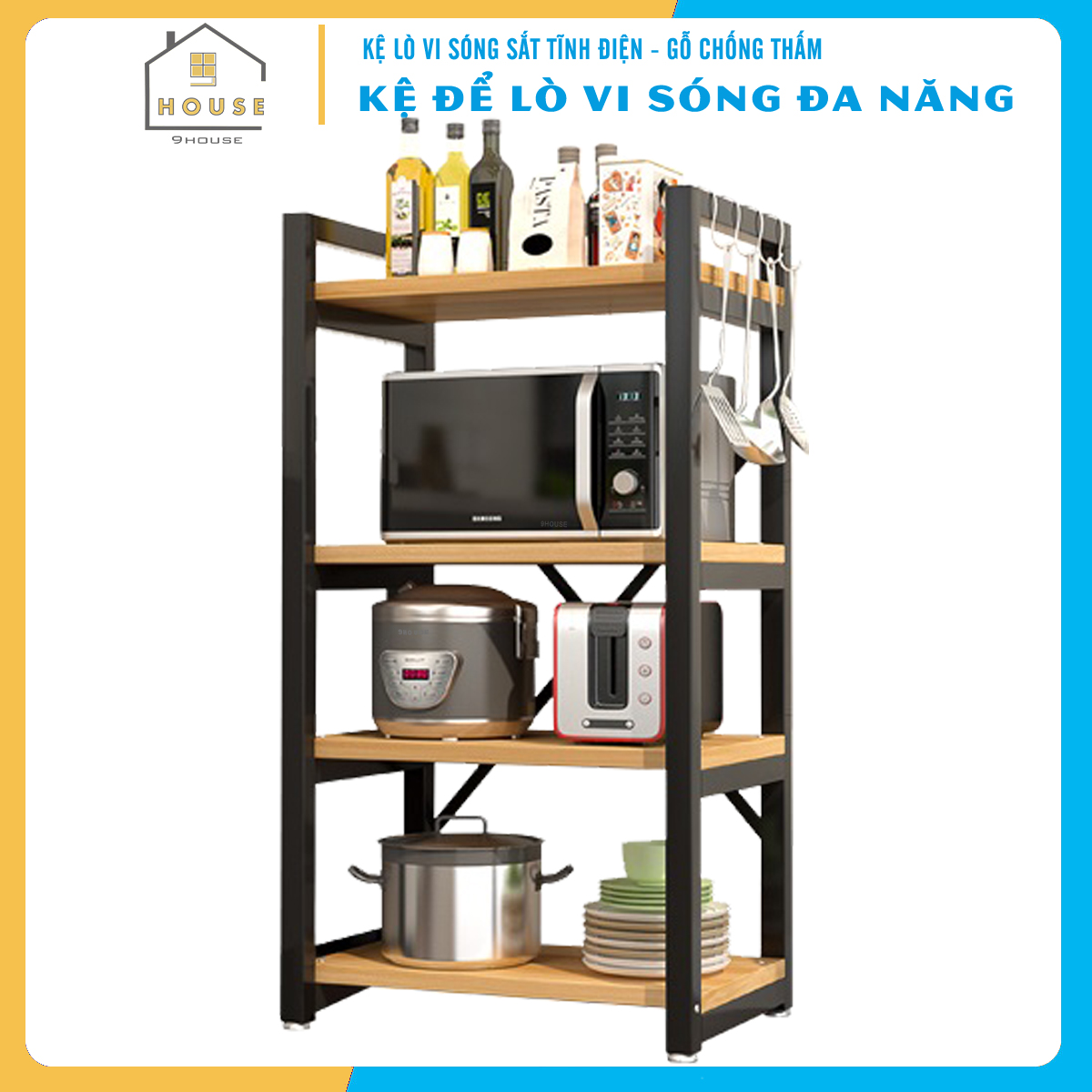 Kệ để lò vi sóng 174-2N thương hiệu 9House kệ bếp để lò nướng nồi cơm điện lò vi sóng gia vị loại khung sắt dày sơn tĩnh điện chống rỉ mặt gỗ MDF lõi xanh chống ẩm bề mặt phủ melamine chống thấm cao cấp - Hàng chính hãng