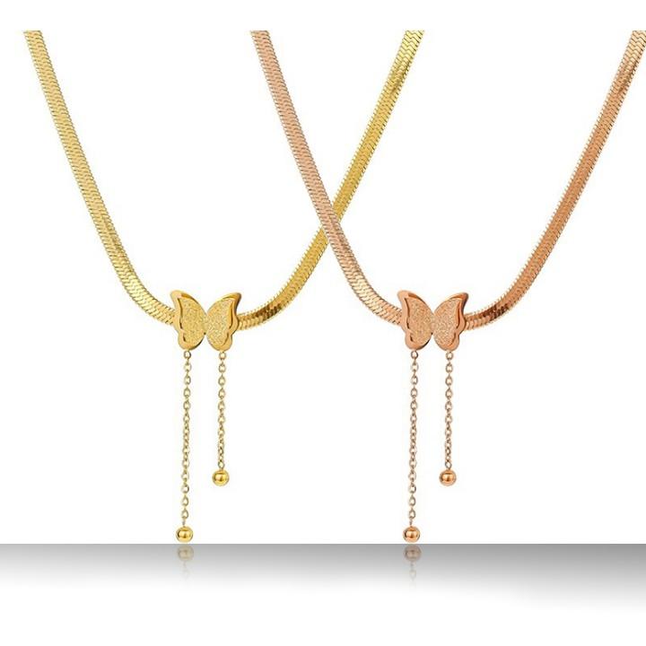 Dây chuyền mì dẹp titan có mặt Hồ Điệp rớt bi cách điệu siêu đẹp, bền màu, hợp thời trang, dễ phối đồ