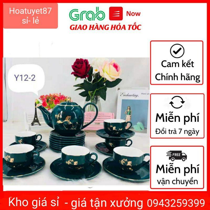 Bộ ấm chén sứ, bộ tách pha trà cà phê cao cấp màu xanh cổ vịt họa tiết hoa sen sang trọng