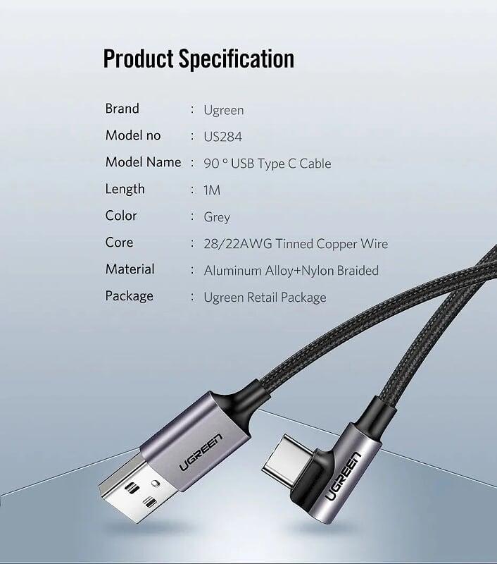 Ugreen UG50942US284TK 2M cáp USB ra type C bẻ góc 90 độ hỗ trợ sạc nhanh 2.0 3.0 - HÀNG CHÍNH HÃNG