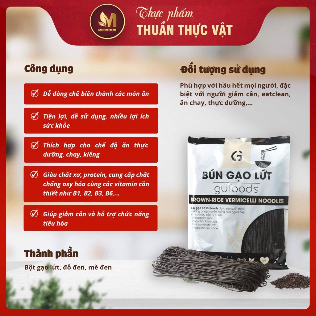 Bún Gạo Lứt Đen Ăn Kiêng GUfoods 500g - Giảm cân, Thực dưỡng, Eat clean, Healthy