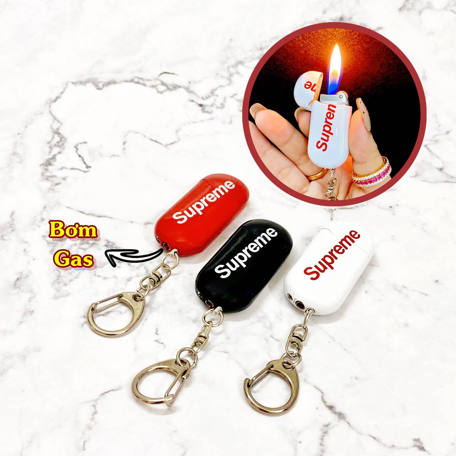 Bật lửa móc khóa gas đá rảnh tay SUPREME mini dễ thương - xài gas