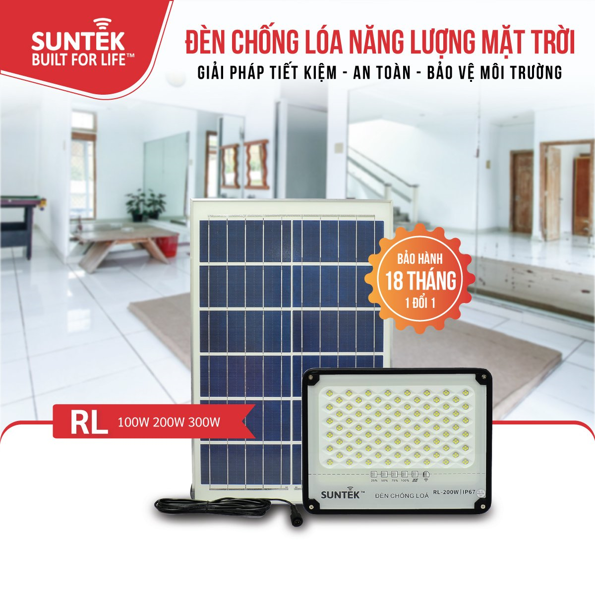 Đèn Pha Chống Lóa Năng Lượng Mặt Trời SUNTEK RL-200W - Sáng suốt đêm (10-12h) | Tự động Bật/Tắt | Điều khiển Từ Xa | Chống Nước/Bụi/Sét | Tuổi thọ bóng LED 50.000 giờ - Hàng Chính Hãng - Bảo hành 18 tháng 1 đổi 1