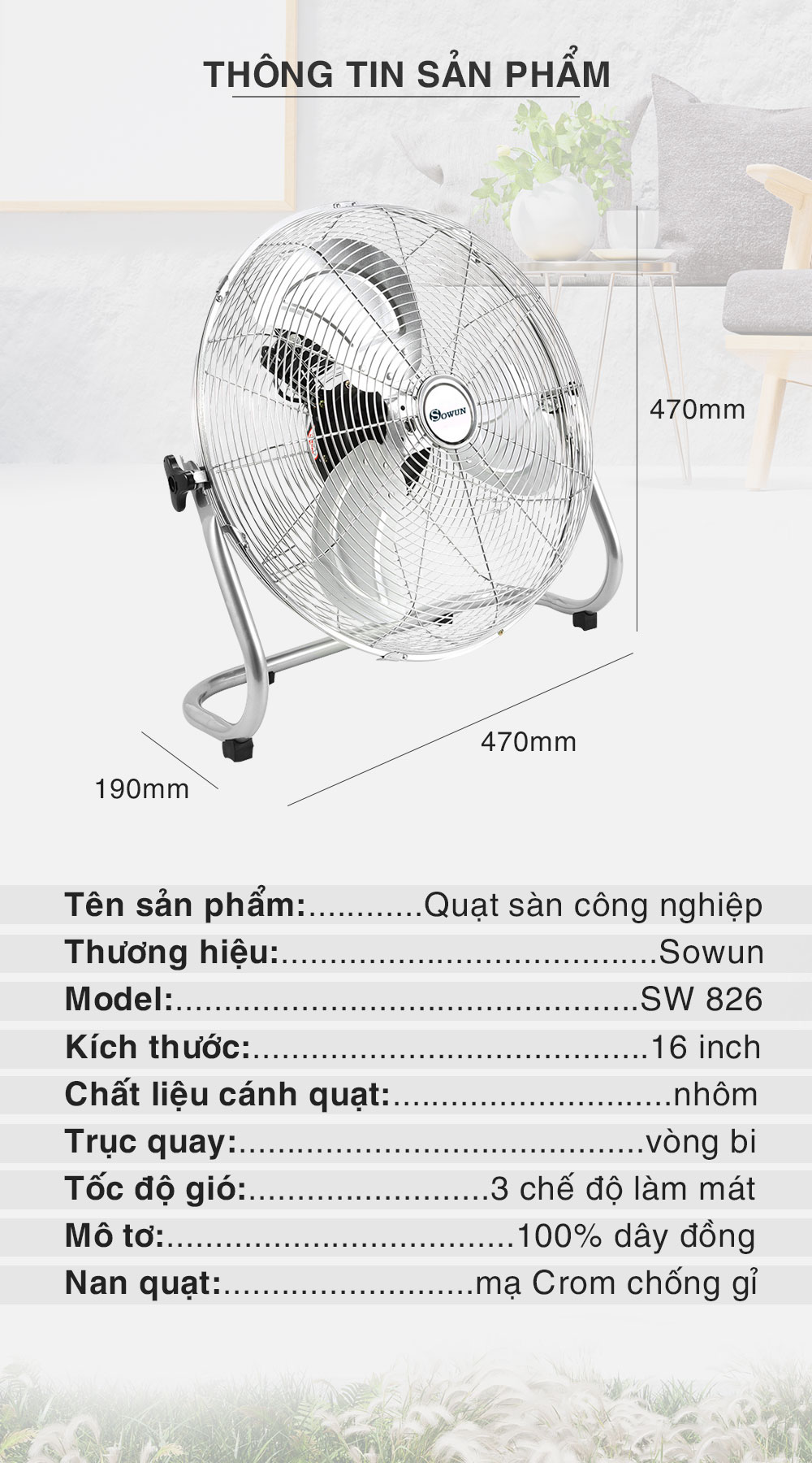 QUẠT SÀN SOWUN SW 826 Hàng chính hãng