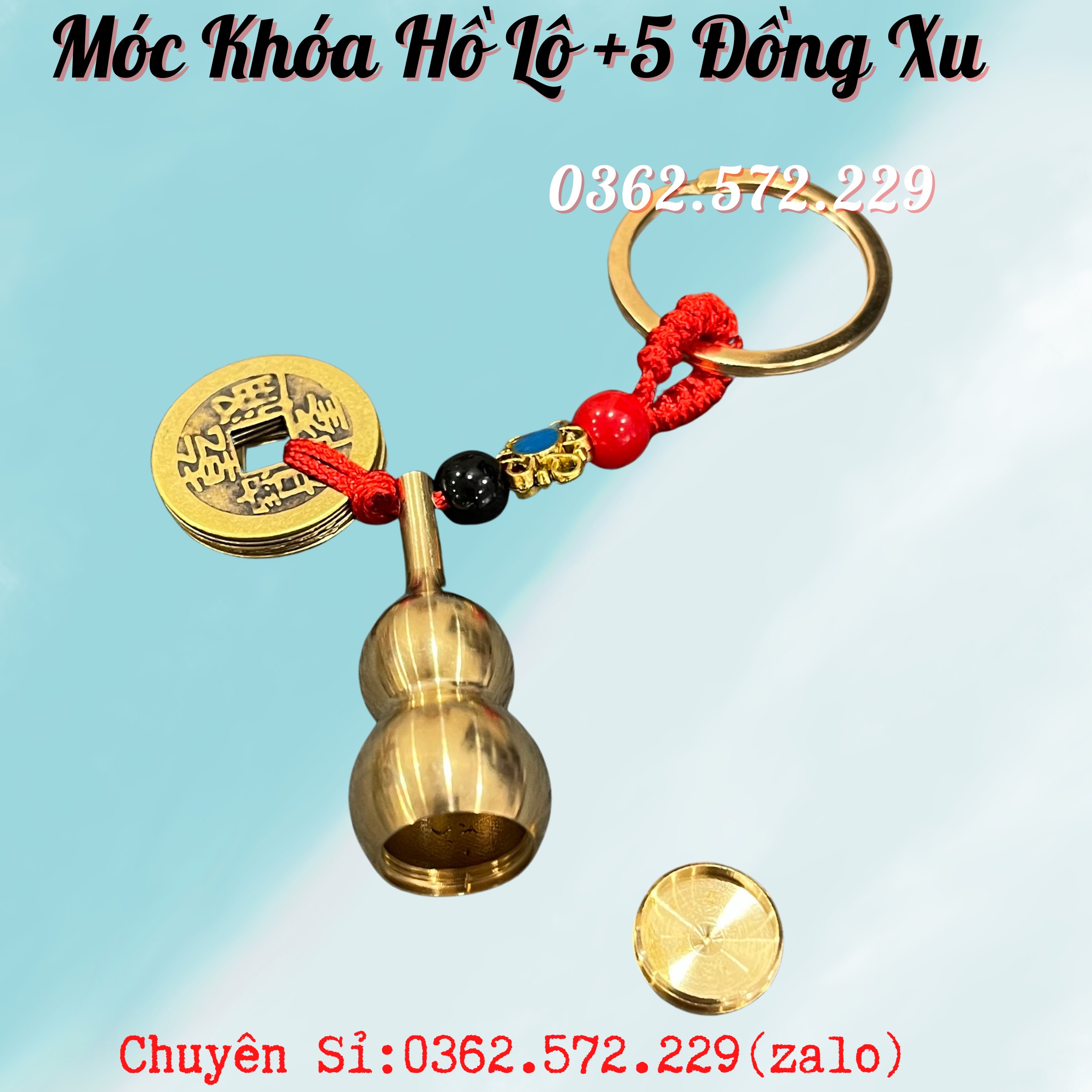 Móc khóa hồ lô đồng và 5 đồng xu phong thủy